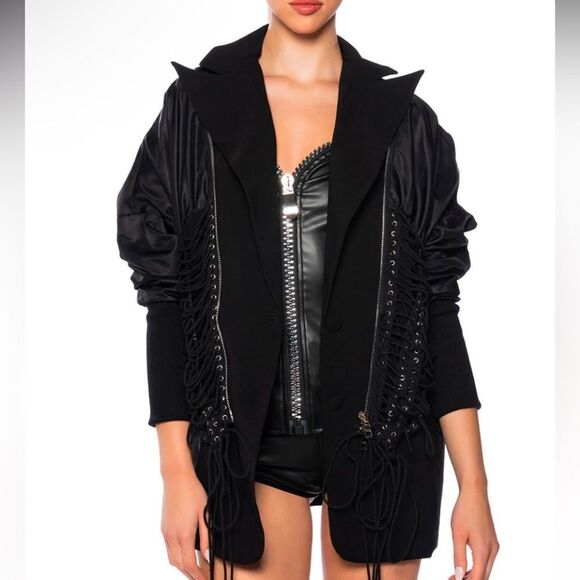 NWOT AKIRA Black Don Eyelet Oversized Blazer Bomber Jacket with Lace-up Details - Picture 3 of 12